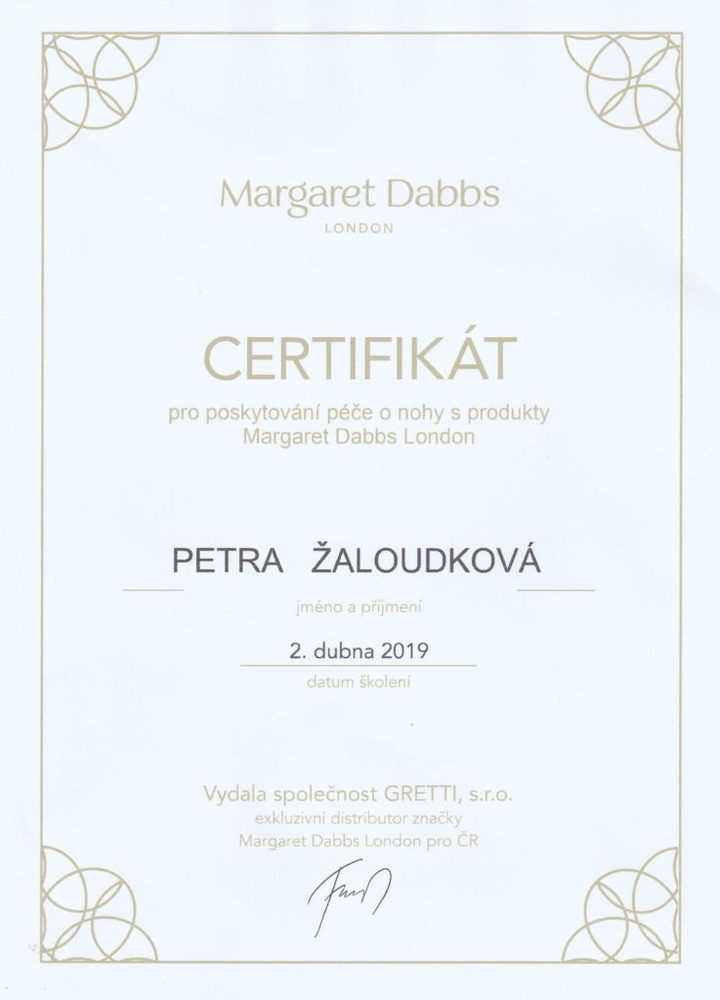 Certifikát – péče o nohy s produkty Margaret Dabbs London