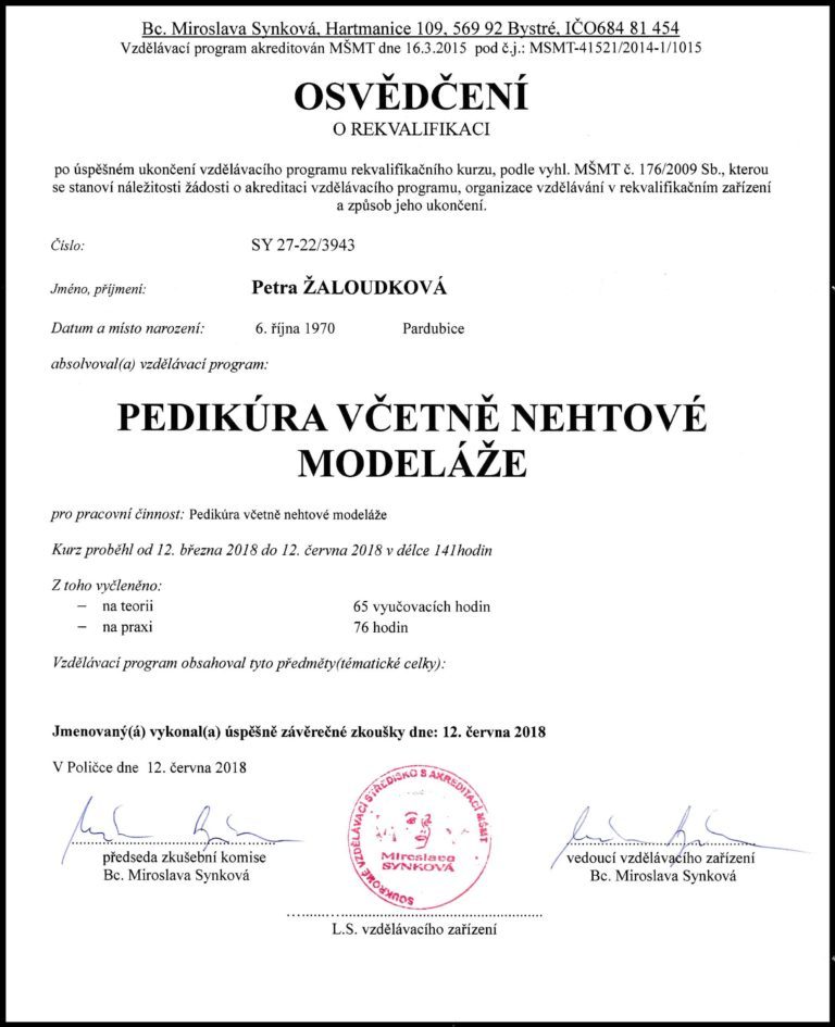 Osvědčení o rekvalifikaci – Pedikúra včetně nehtové modeláže