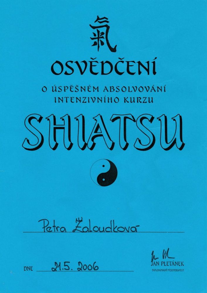 Osvědčení o absolvování intenzivního kurzu Shiatsu