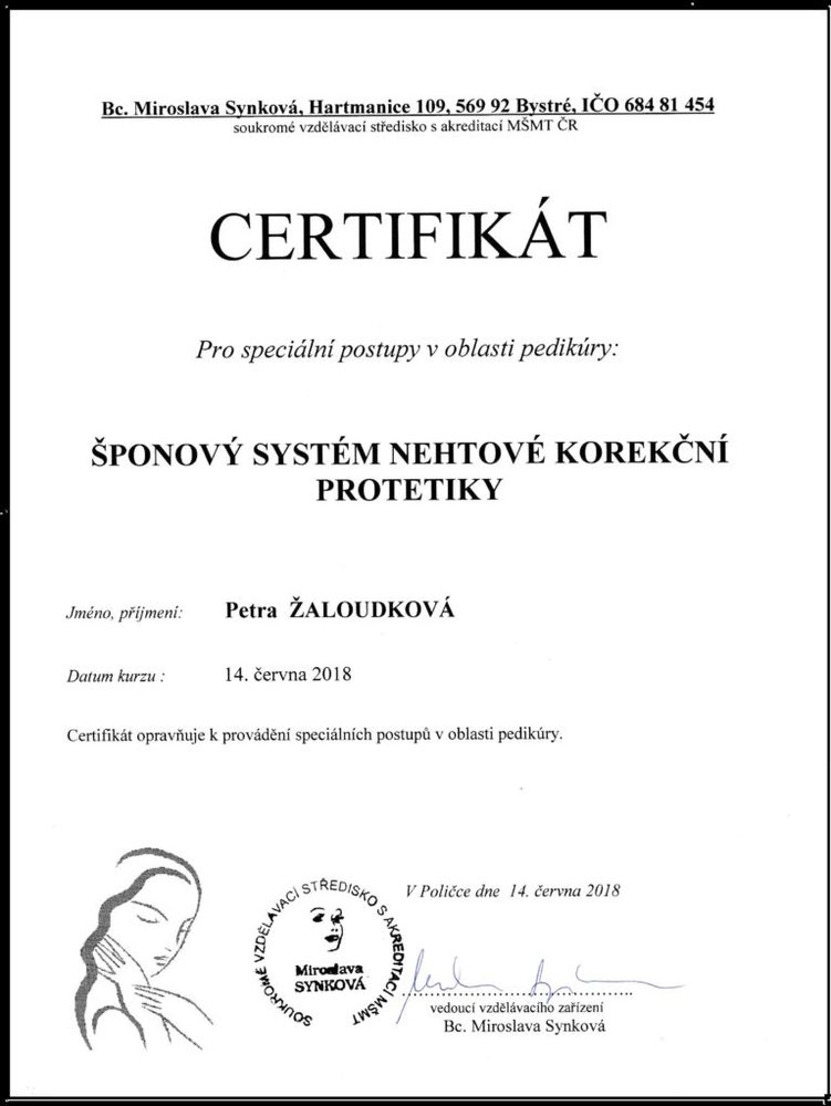 Certifikát – Šponový systém nehtové korekční protetiky